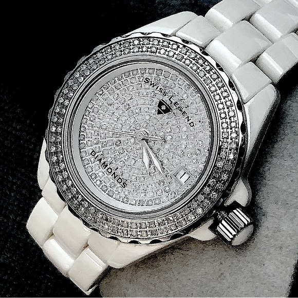 Swiss Legend Diamond Watch Diamonds Ceramic Karamica Date Large Stainles… - Picture 1 of 16